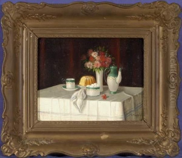 Kaffee Und Kuchen Auf Einem Weis Gedeckten Tisch Vor Dunkelrotem Hintergrund Oil Painting by Hermann Klingsbogel