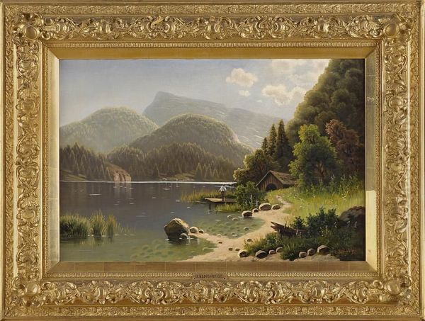 Gebirgssee Mit Angler. Oil Painting by Hermann Klingsbogel