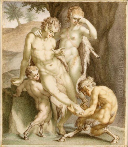 A Satyr And Two Meneads Removing A Splinter Oil Painting by Karl-Gustav Klingstedt