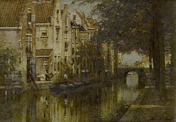 Canal Scene Oil Painting by Johannes Christiaan Karel Klinkenberg