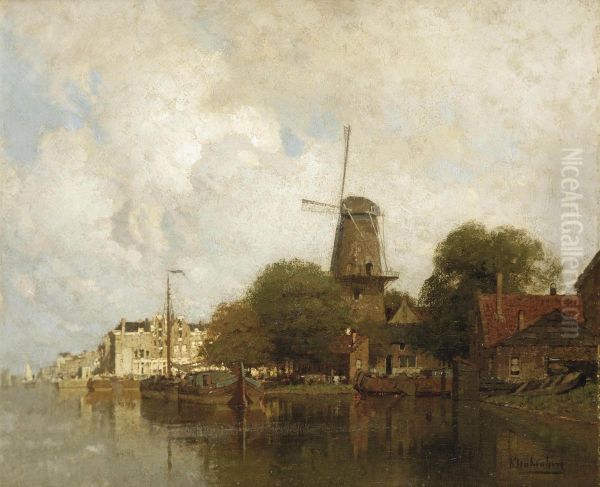 A Windmill Along The River Amstel, Amsterdam Oil Painting by Johannes Christiaan Karel Klinkenberg