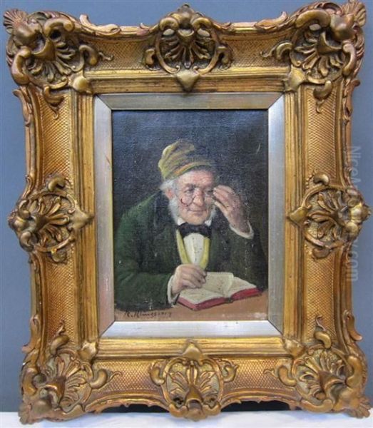 Portrait Of A Man Wearing Glasses Reading A Book Oil Painting by Rudolph Klinsberg