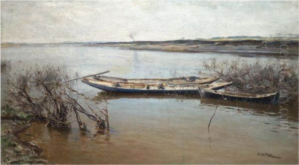 River Landscape Oil Painting by Nicolai Alexandrov. Klodt