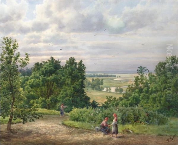 Landscape With Peasants Oil Painting by Pjotr Klodt