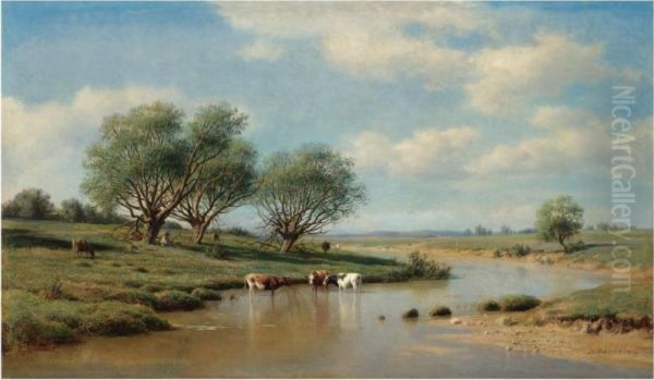 Cattle Watering Oil Painting by Michail Konstantin Klodt Von Jurgensburg