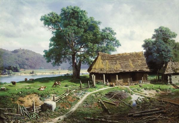 Riverside Farmstead Oil Painting by Michail Konstantin Klodt Von Jurgensburg