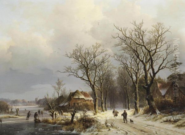 A Wooded Winter Landscape With Travellers On A Snow Covered Path And Skaters On The Ice Oil Painting by Johann Bernard Klombeck