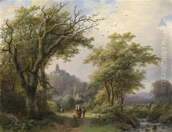 Walkers By A Stream Oil Painting by Johann Bernard Klombeck