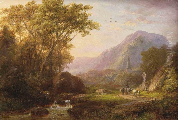 A Mountainous Summer Landscape With Cattle And A Church Beyond Oil Painting by Johann Bernard Klombeck