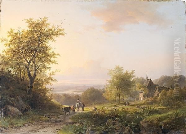 Landscape With Figures On A Country Path, Achurch Beyond Oil Painting by Johann Bernard Klombeck