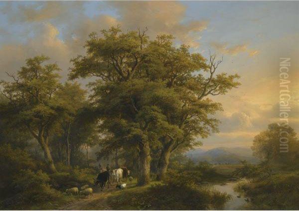 Cattle Drivers In A Landscape Oil Painting by Johann Bernard Klombeck