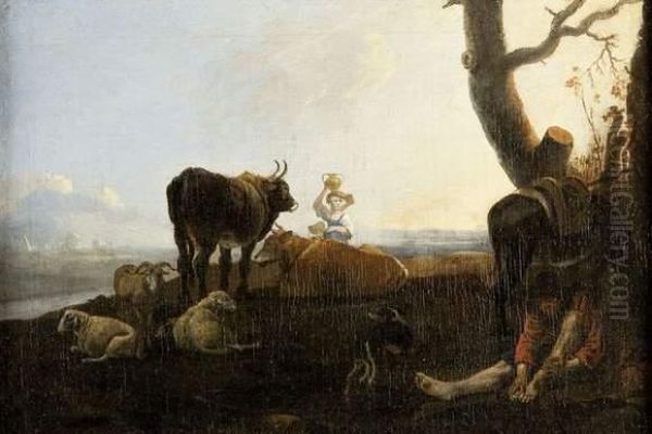 Halte Du Troupeau Dans Un Paysage Italianisant Oil Painting by Albert-Jansz. Klomp