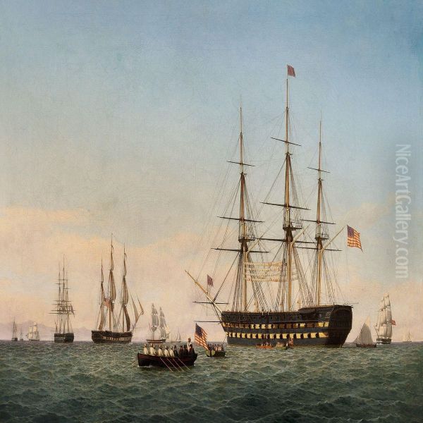 Seascape Withamerican Ships Of The Line Oil Painting by Frederick Theodor Kloss