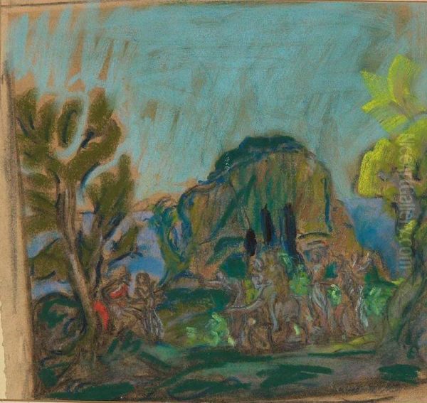 Landscape With Bacchanal Scene Oil Painting by Erich Klossowski