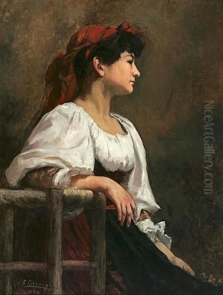 Seated Woman With A Red Kerchief Oil Painting by Anna Elisabeth Klumpke