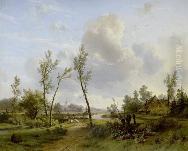 An Extensive Landscape With Shepherd And Sheep Beside A Winding River Oil Painting by Pieter Lodewijk Francisco Kluyver