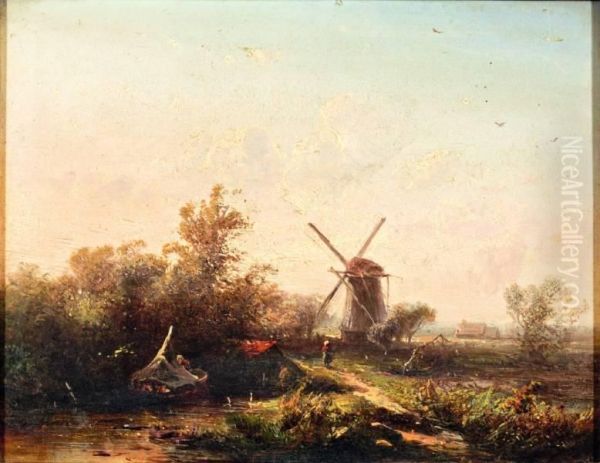 Zomerlandschap Met Wandelaar Bij Een Molen Oil Painting by Pieter Lodewijk Francisco Kluyver