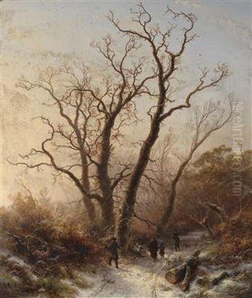 Walking In Awinter Woodland Oil Painting by Pieter Lodewijk Francisco Kluyver