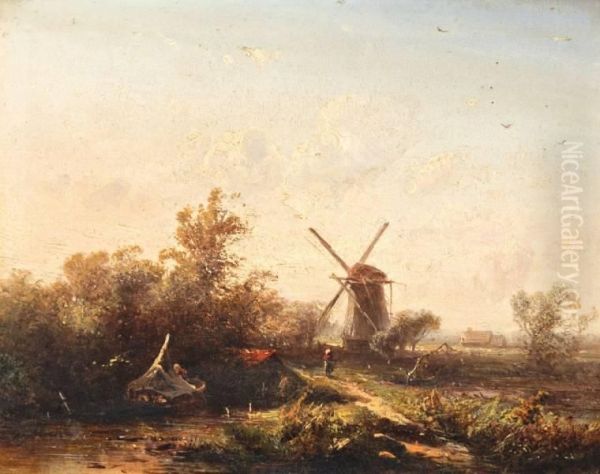 Zomerlandschap Met Wandelaar Bij Een Molen Oil Painting by Pieter Lodewijk Francisco Kluyver