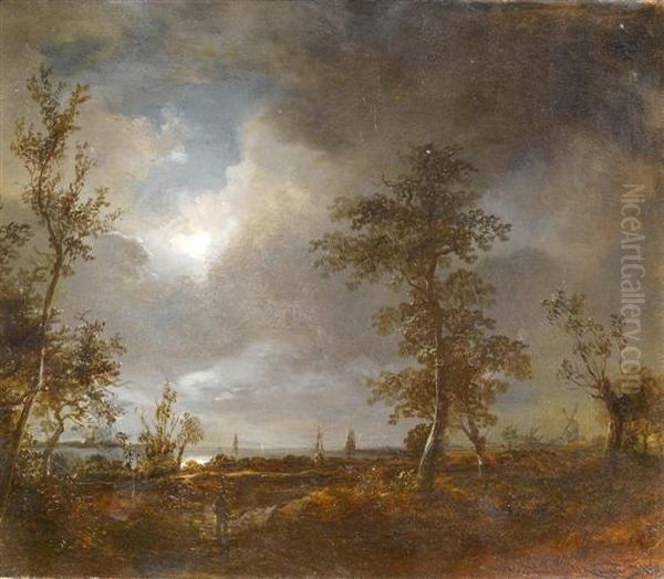 Walker At The Coast A Full Moon Oil Painting by Pieter Lodewijk Francisco Kluyver