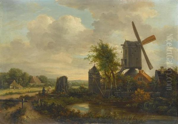 Dutch Landscape With A Windmill Oil Painting by Pieter Lodewijk Francisco Kluyver