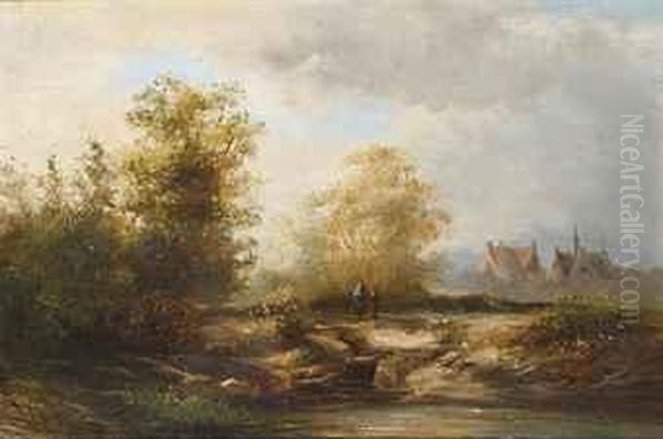 Summer Landscape With Figures Near A Farmhouse Oil Painting by Pieter Lodewijk Francisco Kluyver