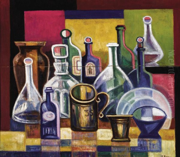 Still Life With Bottles Oil Painting by Ivan Vasilievich Klyun