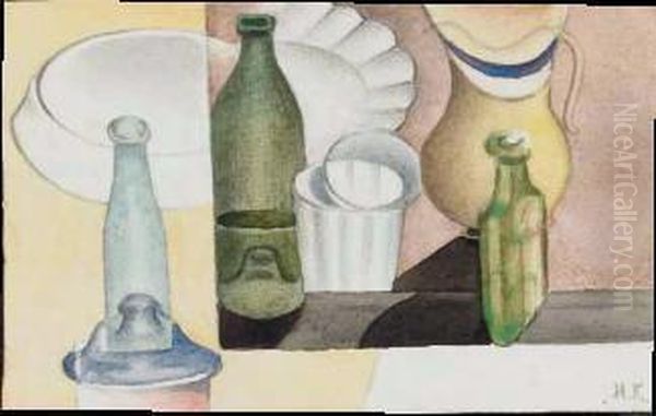 Still Life Of Bottles Oil Painting by Ivan Vasilievich Klyun