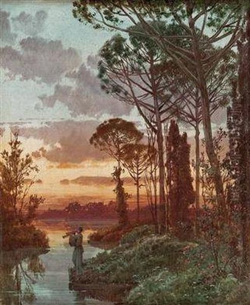 Abendstimmung Mit Flotenspieler Oil Painting by Ferdinand Knab