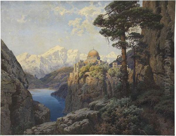 Tempel In Sudlandischer Gebirgslandschaft Oil Painting by Ferdinand Knab