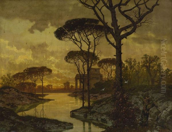 Abendliche Seelandschaft Mit Antikisierender Villa Oil Painting by Ferdinand Knab