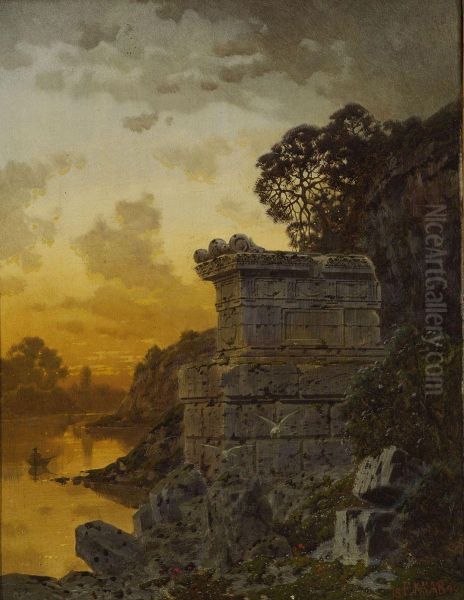 Abendstimmung Am Flussufer Oil Painting by Ferdinand Knab