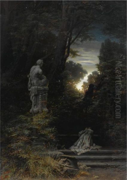 A Woman At A Fountain With Rising Moon Oil Painting by Ferdinand Knab