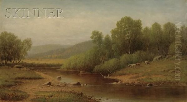 Cattle Grazing On A Riverbank Oil Painting by Charles Wilson Knapp