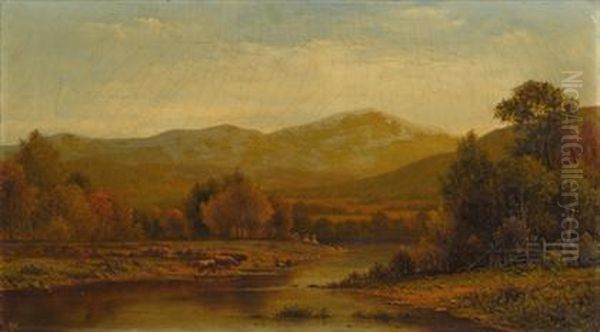 Figures And Cattle In A River Landscape Oil Painting by Charles Wilson Knapp