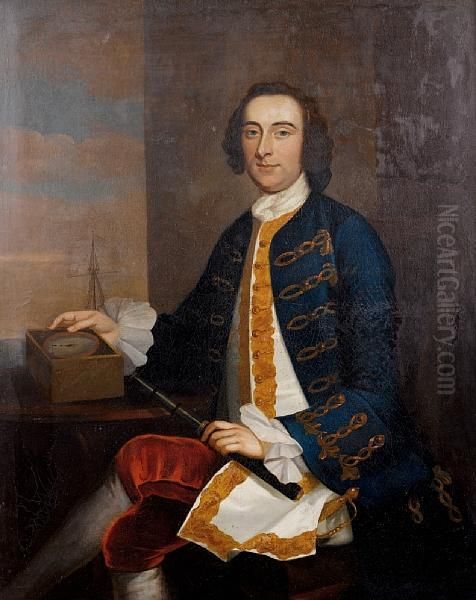 Portrait Of Admiral Sir Hugh Palliser,three-quarter-length, Holding A Telescope And Seated Before An Openwindow, A View To Shipping Beyond Oil Painting by George Knapton