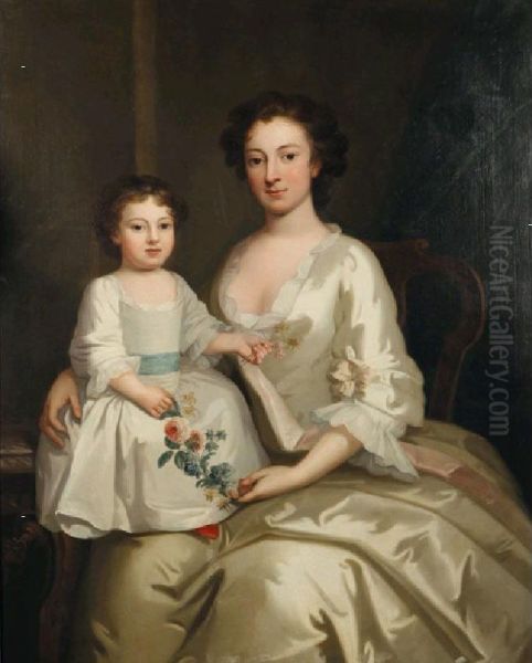 A Portrait Of Mrs Gouldney, The Wife Of Admiral Gouldney, And Her Daughter In An Interior Holding A Garland Of Flowers Oil Painting by George Knapton