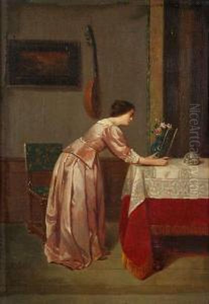 Interieur Met Vrouw Voor Een Tafel Oil Painting by Petrus Knarren