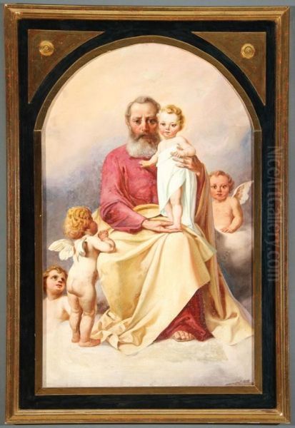 Saint Joseph And The Infant Christ With Adoring Angels Oil Painting by Ludwig Knaus