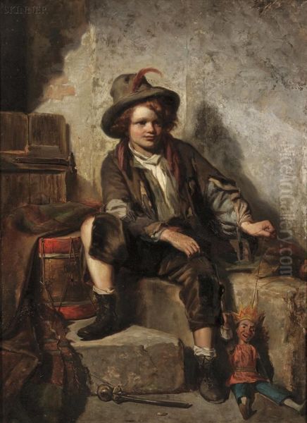 Portrait Of A Boy With A Puppet Oil Painting by Ludwig Knaus