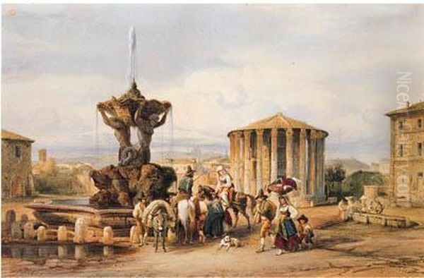 Scena Di Vita Popolare Al Tempio Di Vesta, 1851 Oil Painting by Franz Knebel