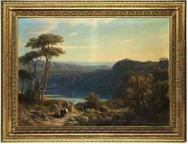 Wooded Landscape With Lake Albano, With Rural Figures And Asettlement Beyond Oil Painting by Franz Knebel