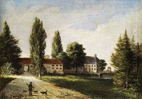 Muhlengebaude Unter Pappeln Mit Einem Jager Und Seinenjagdhunden Oil Painting by Johann Kneipp