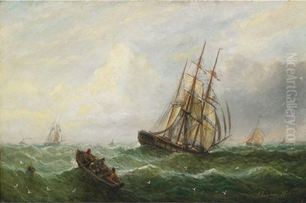 Shipping Views In A Channel Oil Painting by Adolphus Knell