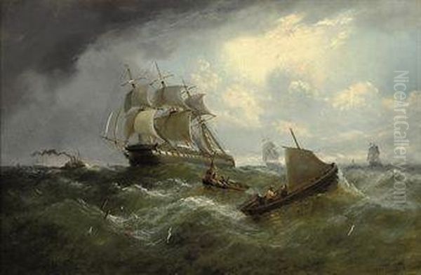 East Indiamen Running Up The Channel Oil Painting by Adolphus Knell