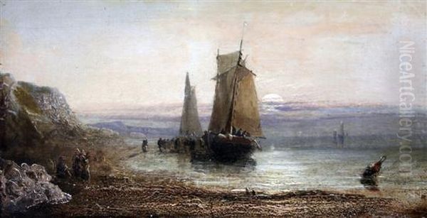 Fishing Boats At Sea And Unloading The Catch Oil Painting by Adolphus Knell