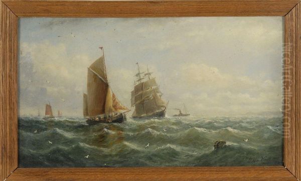 A Busy Shipping Channel Oil Painting by Adolphus Knell