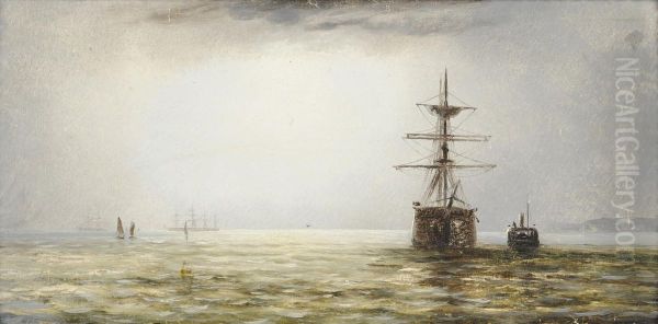 Shipping In A Calm Off A Coastline Oil Painting by Adolphus Knell