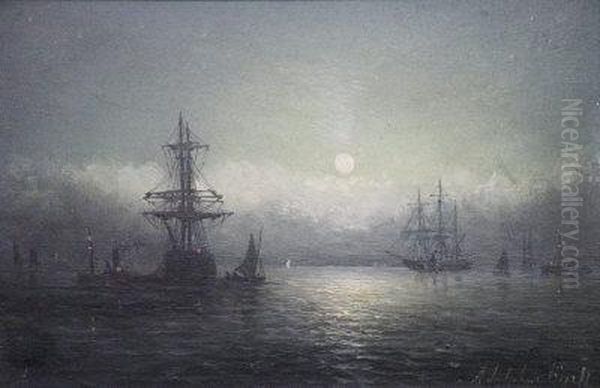 Moored Sailing Ships By Moonlight Oil Painting by William Adolphu Knell