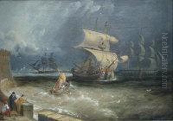 Coastal Landscape With Figure On Quayside Oil Painting by William Adolphu Knell